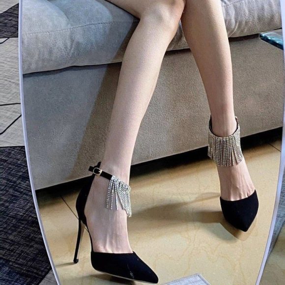 Tassel Chain Rhinestone Ankle-strap High Heels - Image 6