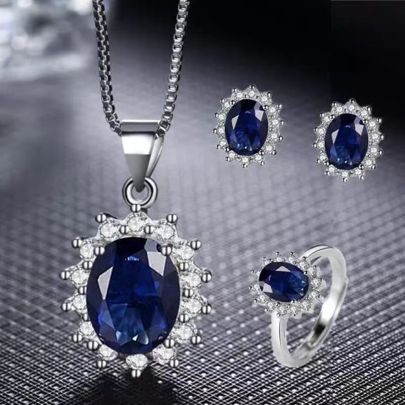 High-grade Ring Necklace Ear Stud Ornament Colored Gems Set Three-piece Set - Image 3