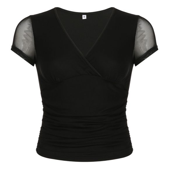 Deep V Design Small Pleated Pure Color Mesh Stitching Short Sleeve - Image 5