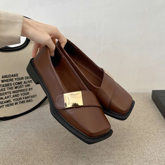 Metal Buckle Square Head Women's Flat-heeled Shoes - Image 5