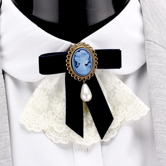 Vintage Handmade Lace Pearl Velvet Sweater Pin Coat Bow Brooch - Image 3