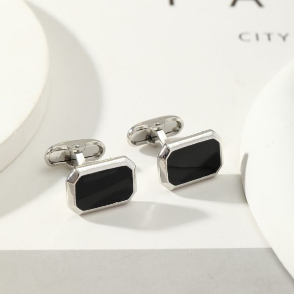 European And American Round Geometric Black Gemstone Cufflinks - Image 4