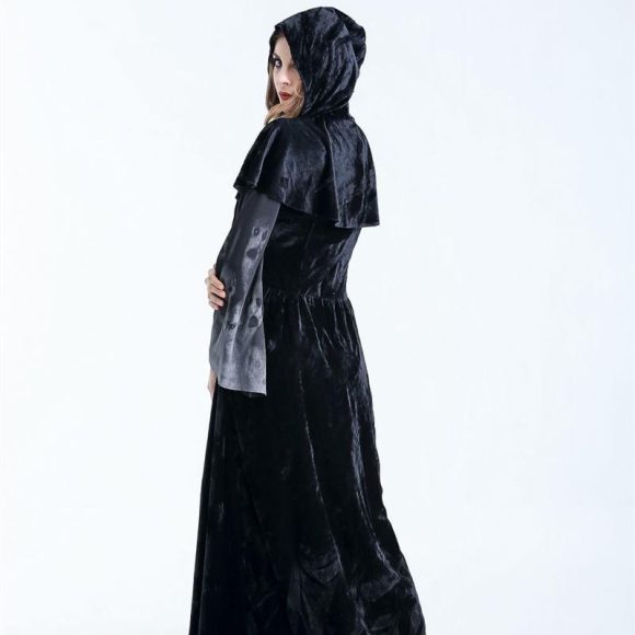 Halloween Women Medieval Gothic Witch Maleficent Horror Scary Cosplay Costume Carnival Party Ghost Long Black Hooded Dress - Image 6