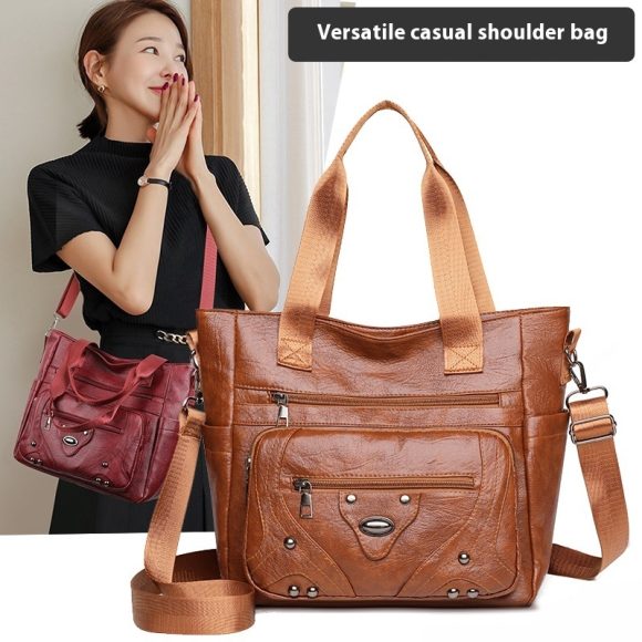Large Capacity Soft Leather Washed Leisure Commute Shoulder Bag - Image 7