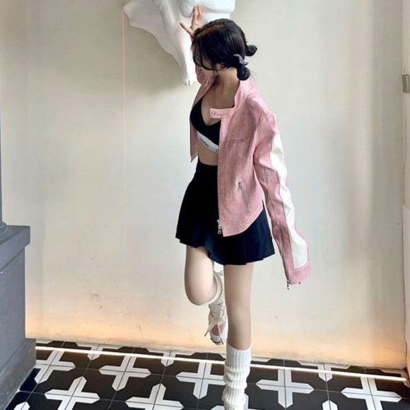Women's Short Pink Zipper Stitching Leather Coat - Image 3