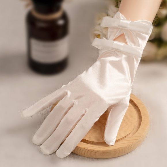White Satin Short Gloves Lace Pearl Accessories - Image 7
