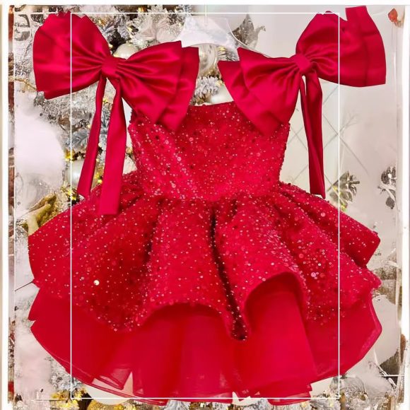 Girl's Princess Dress Red Tulle Tutu Skirt Sequined Bow - Image 6