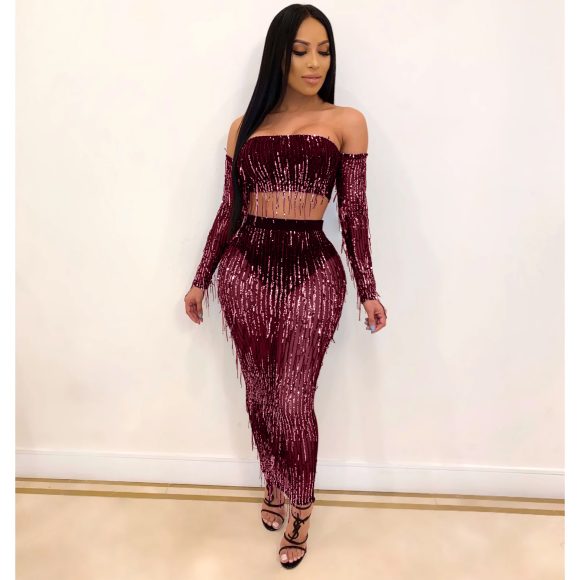 Fashion Sexy See-through Mesh Sequins Tassel Two-piece Set - Image 2