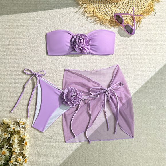 Women's Tube Top With Three-dimensional Big Flower Tied Swimsuit - Image 4