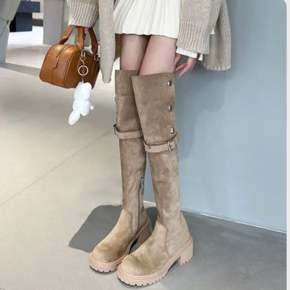 Thick Bottom Increased By Slim Fit Suede Knee-high Boots - Image 2