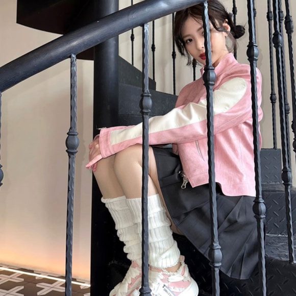 Women's Short Pink Zipper Stitching Leather Coat - Image 6