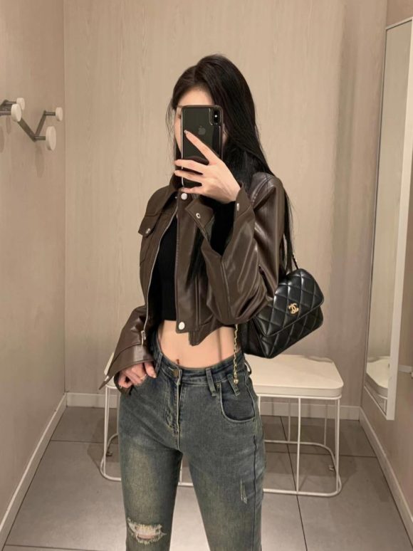 American Retro Sweet Cool Hot Girl Style Coffee Color Leather Coat Motorcycle Jacket Top - Image 3