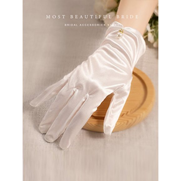 White Satin Short Gloves Lace Pearl Accessories - Image 2