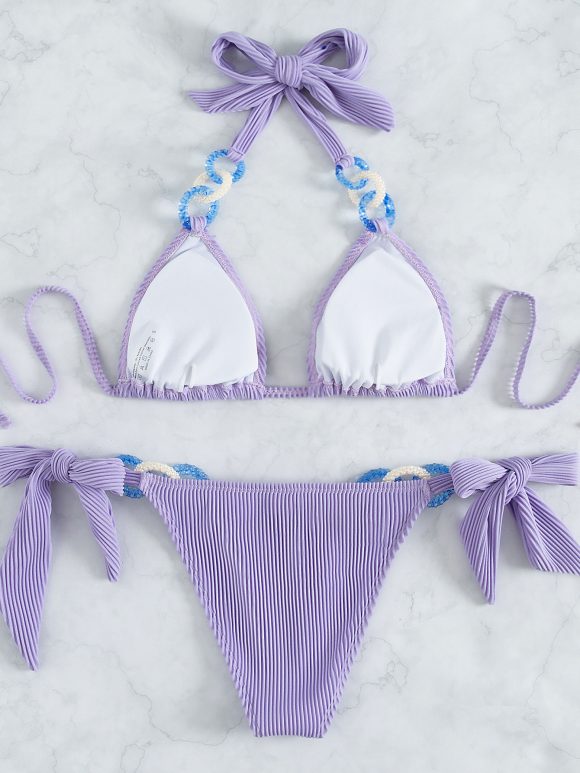 Side Tie Jewelry Solid Halter Beach Bikini - Image 5