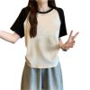 Women's Cotton Stretch Crew Neck Short Sleeve Stitching Top - Image 3