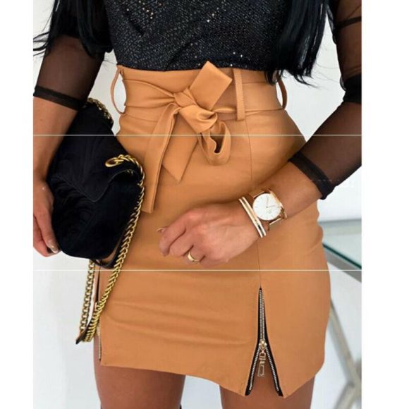 Women Bandage PU Leather Skirt Ladies Short Mini Skirts - Image 5