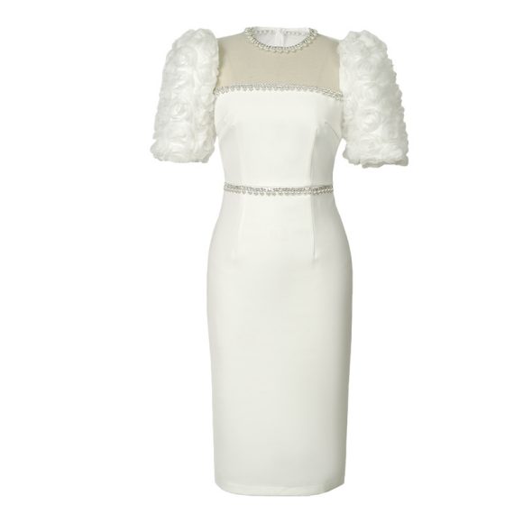 Round Neck Beaded White Slim Fit Long Dress - Image 6