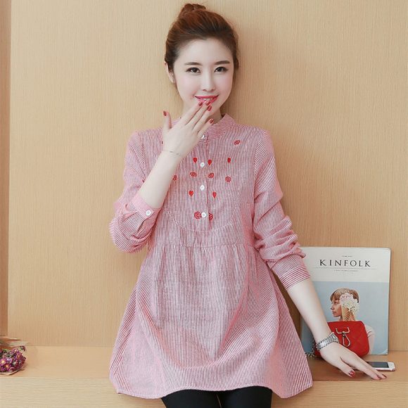 Maternity Dress Stand-up Collar Striped Embroidery Maternity Top - Image 4