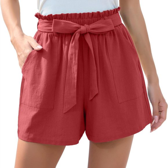Fashion Ruffle Bow Waist Tie Shorts Summer Beach Pants With Pockets Womens Clothing - Image 2