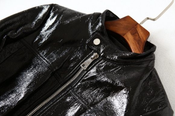 Black Bright Leather PU Short Motorcycle Leather Jacket Women's Jacket - Image 3