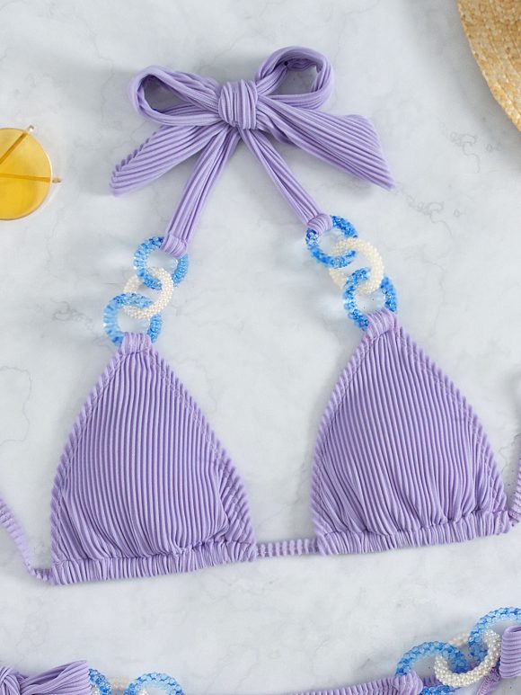 Side Tie Jewelry Solid Halter Beach Bikini - Image 2
