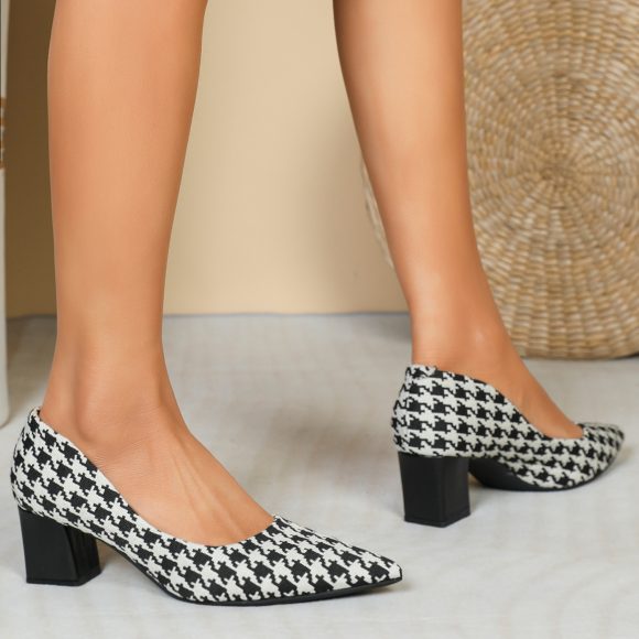 Houndstooth High Heels Women Low-cut Chunky Heel Shoes - Image 3