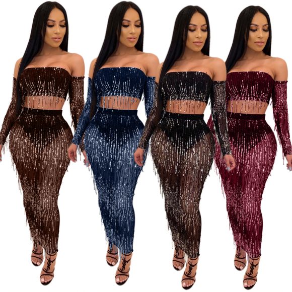 Fashion Sexy See-through Mesh Sequins Tassel Two-piece Set - Image 8
