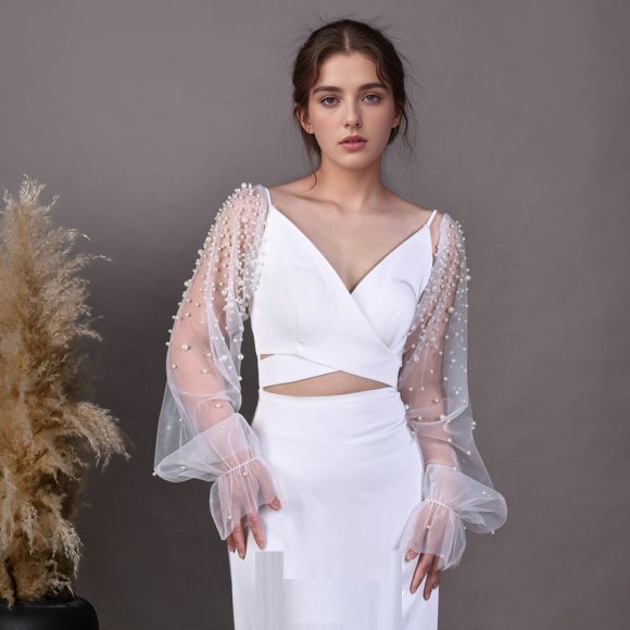 High-grade Pearl Mesh Oversleeves Detachable Plus Sleeves Two-way Wear Wedding Accessories - Image 4