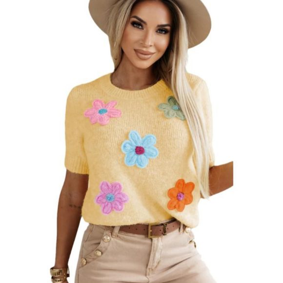 Three-dimensional Flower Decoration Half-sleeve Top European And American Commuters' Knitted - Image 2