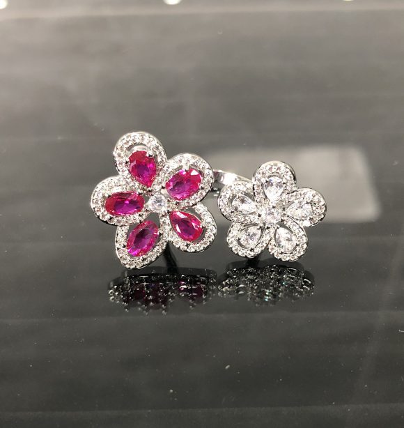 Colorful Bright Crimson Gemstone Flower Grape Purple Zircon Shining Diamond Flower Ring - Image 3