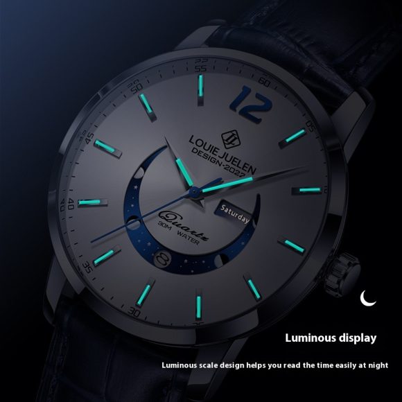 Master Moon Phase Luminous Waterproof Wrist Watch Men's Fashion Genuine Leather Strap Quartz Watch - Image 3