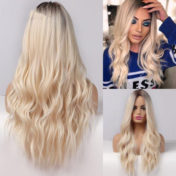 European And American Style Wig Female High-temperature Fiber Hair Brown Golden Gradient Medium Points Without Bangs Big Wave Curly Hair - Image 6