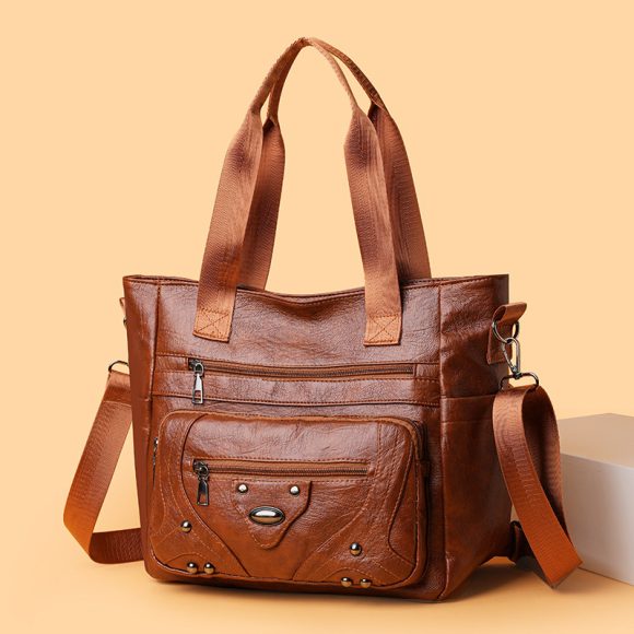 Large Capacity Soft Leather Washed Leisure Commute Shoulder Bag - Image 2