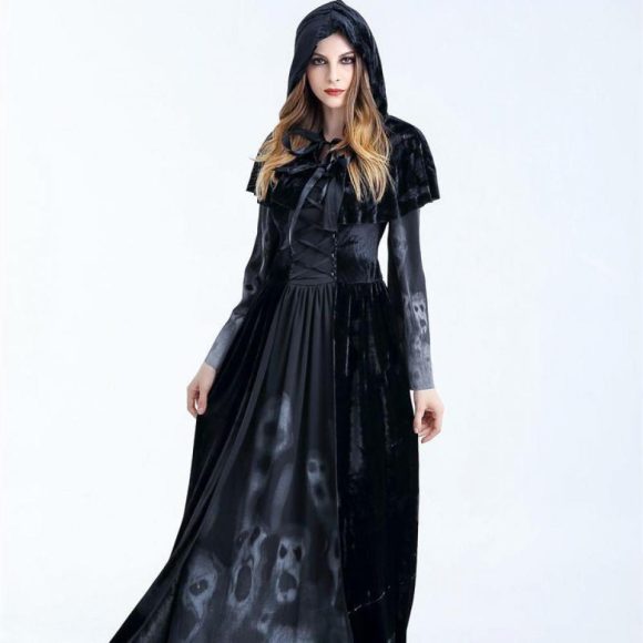 Halloween Women Medieval Gothic Witch Maleficent Horror Scary Cosplay Costume Carnival Party Ghost Long Black Hooded Dress - Image 4