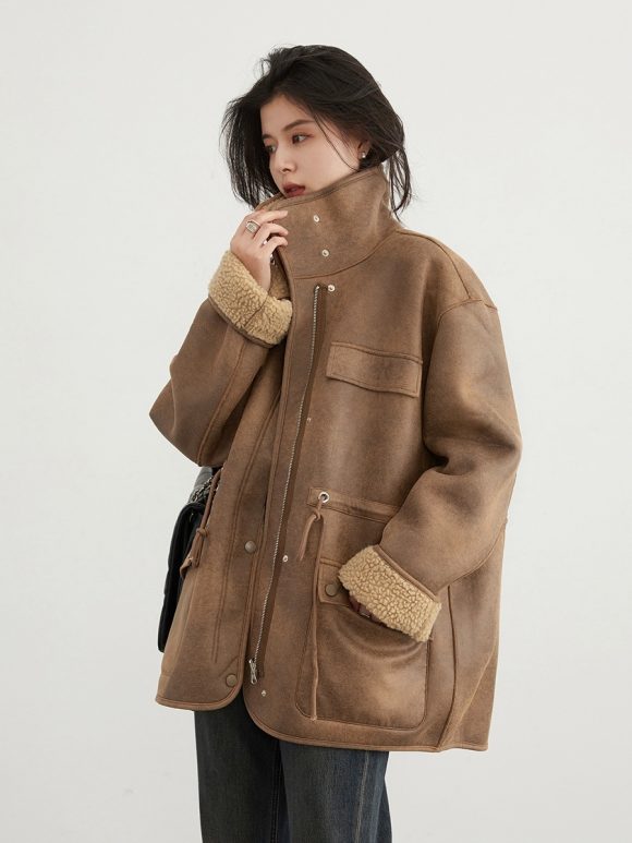 Women's Motorcycle Clothing Suede Lamb Wool Reverse Coat - Image 9