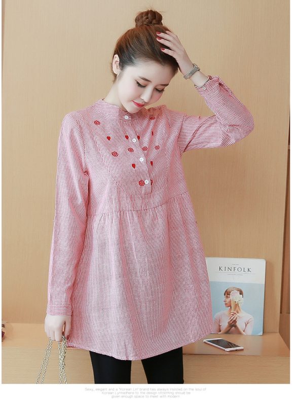 Maternity Dress Stand-up Collar Striped Embroidery Maternity Top - Image 5
