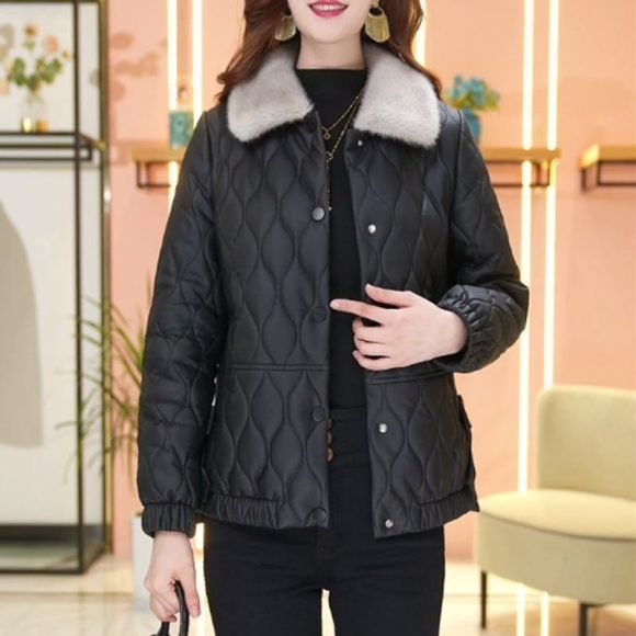 Non-split Leather Disposable Down Cotton-padded Coat For Women Short Leather Jacket - Image 6