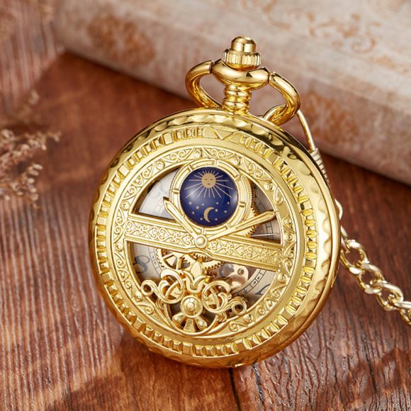 Golden Retro Hollow Pointer Night Sky Semi-automatic Mechanical Pocket Watch - Image 9