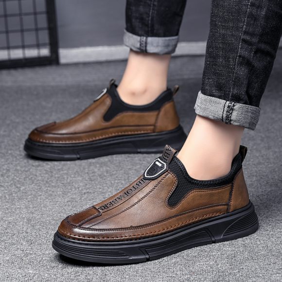 Solid Color Casual Round Toe Leather Shoes For Men - Image 4