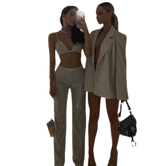 Camisole Slim Straight High Waist Pants Street Glitter Jacket Night Club Suit - Image 5