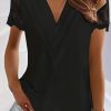 Contrast Lace Tucked Blouse, Casual V Neck Short Sleeve Blouse